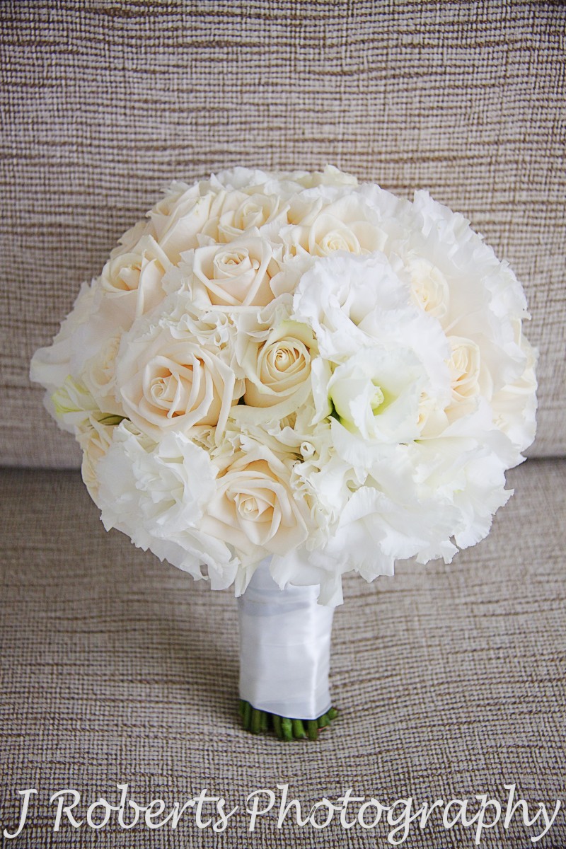 bridal bouquet white roses and lysianthas - wedding photography sydney